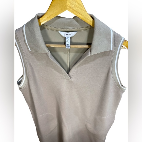 SPANX Sleeveless Collared Dress Size L Tan & White Stripe Pockets - Picture 3 of 7